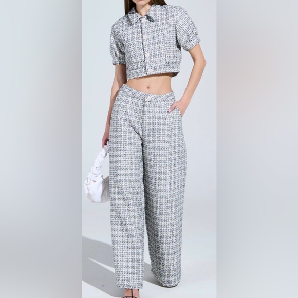 New AKIRA  tweed crop short sleeve blazer and wide leg Pantsuit size L/XL - Picture 1 of 5